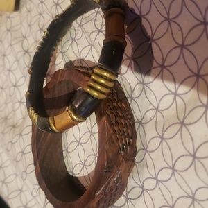 Two vintage bangle bracelets wood bone brass